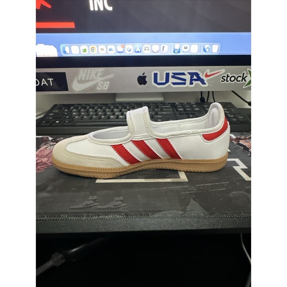 New Women's Size 6.5 Adidas Samba Mary Jane White Red JR7435 Kids Size 5 - Picture 2 of 7